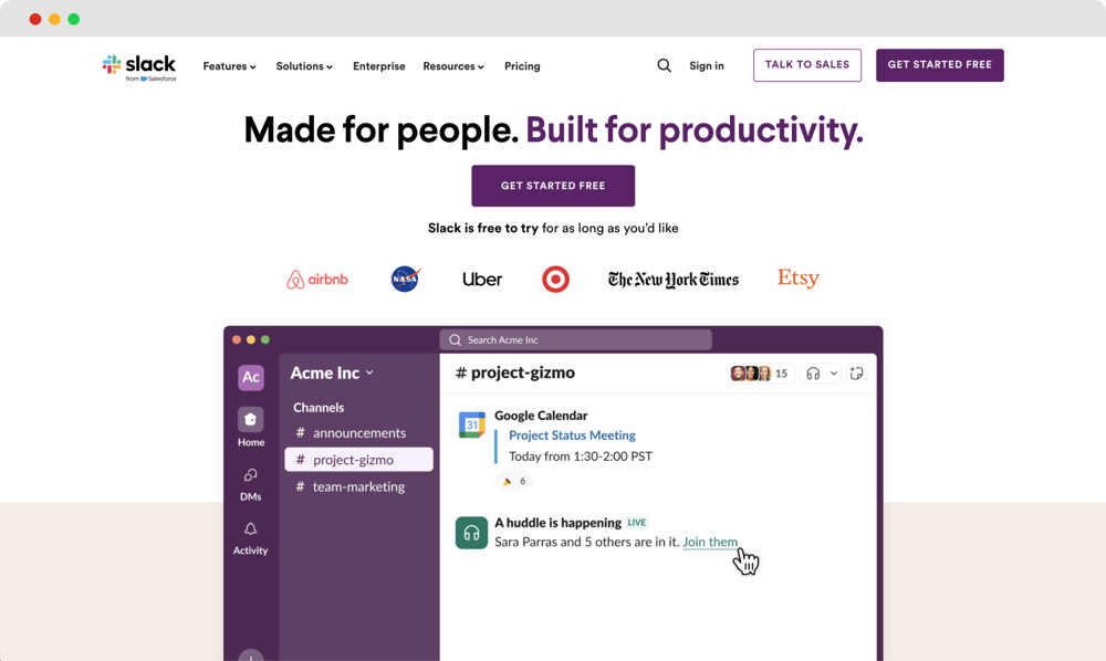 La página de inicio de Slack