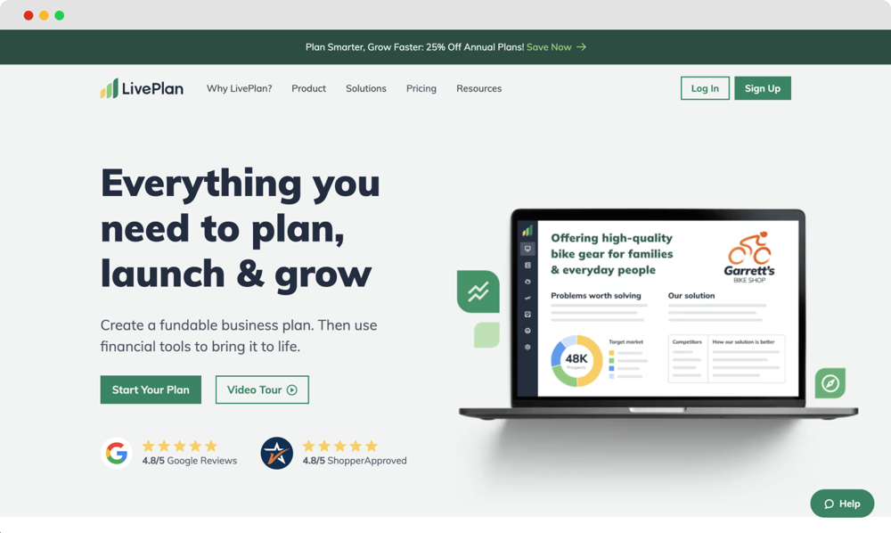 La página de inicio de LivePlan