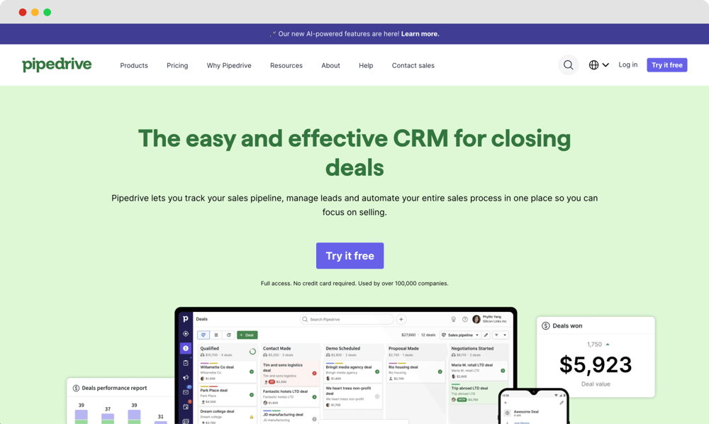 La página de inicio de Pipedrive