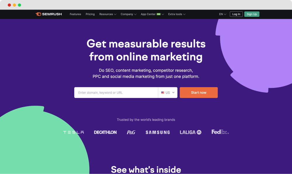 Die Homepage von SEMrush