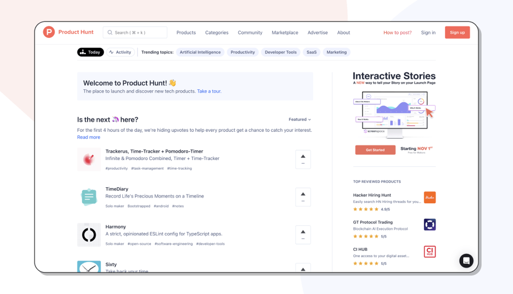 The homepage of Product Hunt