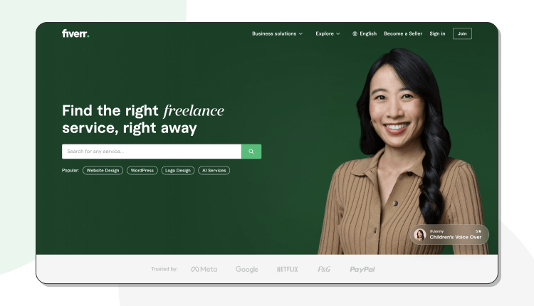 The homepage of Fiverr
