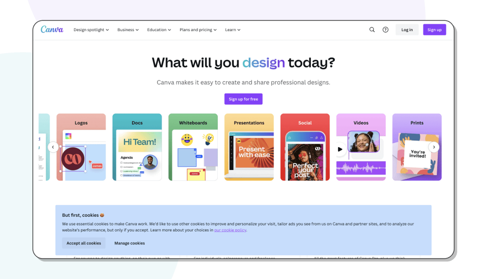 The homepage of Canva