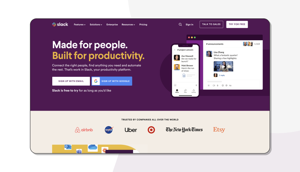 The homepage of Slack