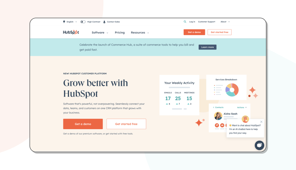The homepage of HubSpot