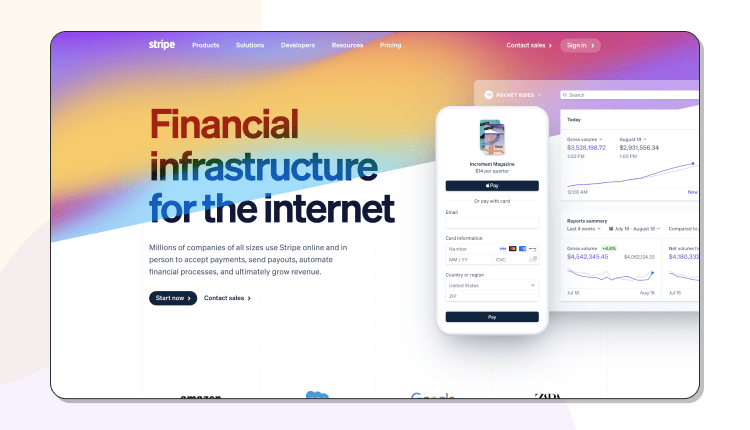 The homepage of Stripe