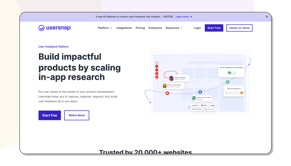 The homepage of Usersnap