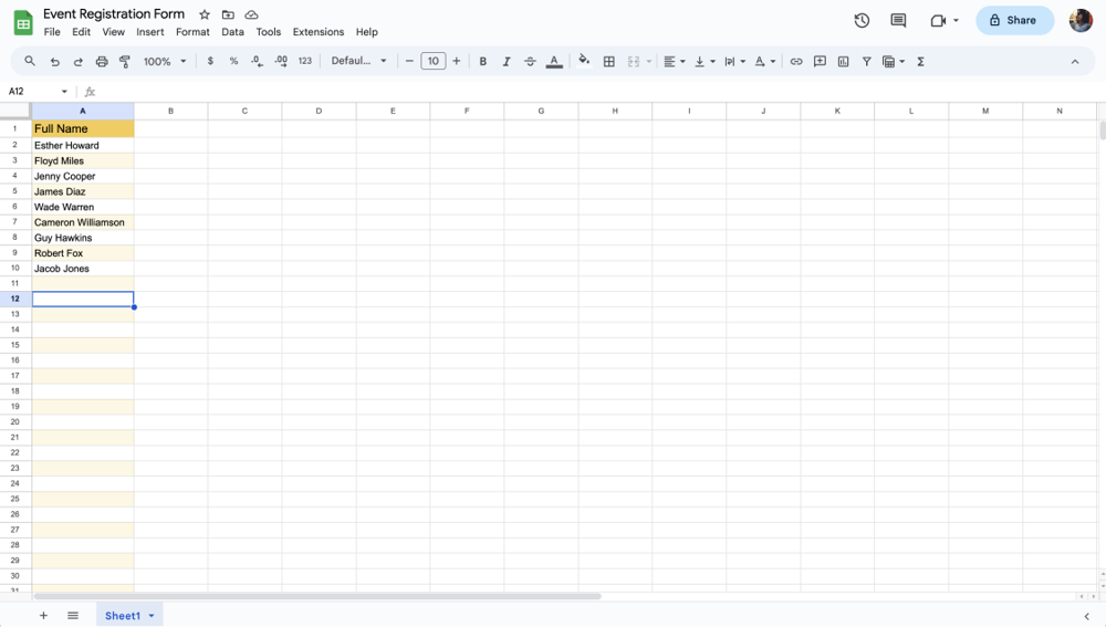 Clicking a cell on the spreadsheet