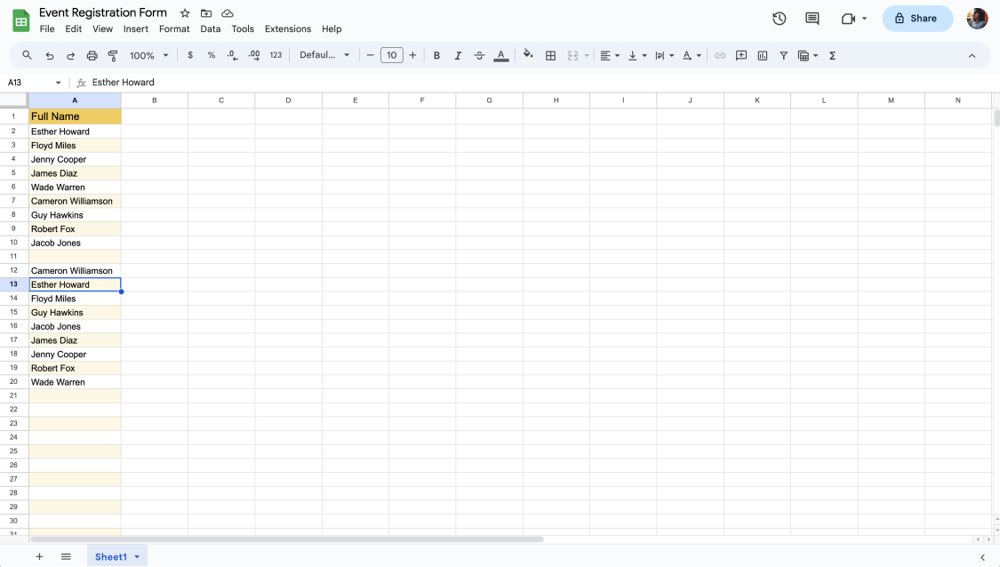 A spreadsheet showing the function results