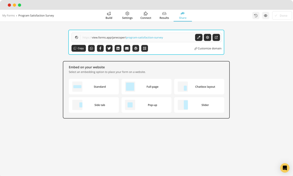 Sharing options for your program satisfaction survey