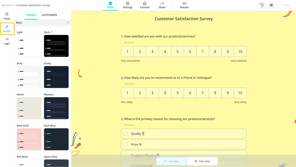 Customize the design settings