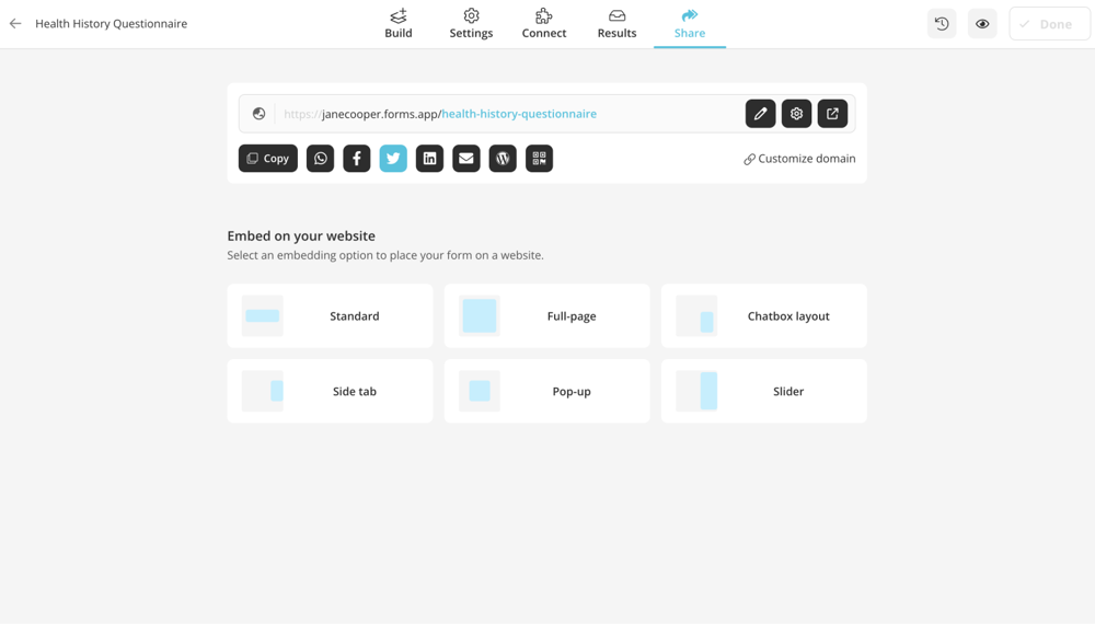 Share your questionnaire or embed it on a web page