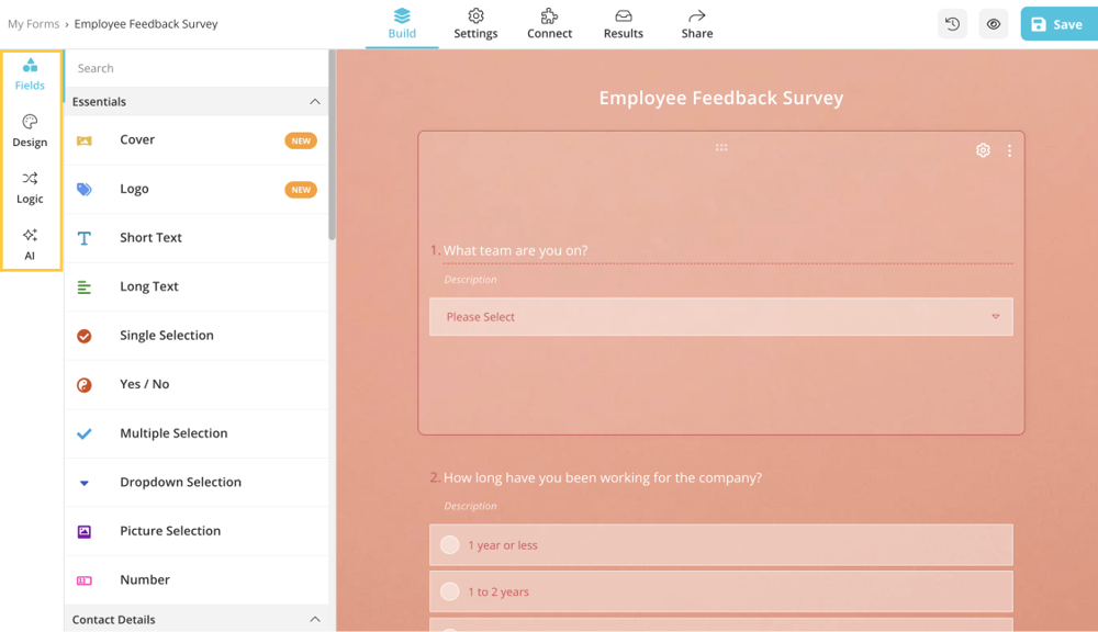 Add questions to your survey and change the design