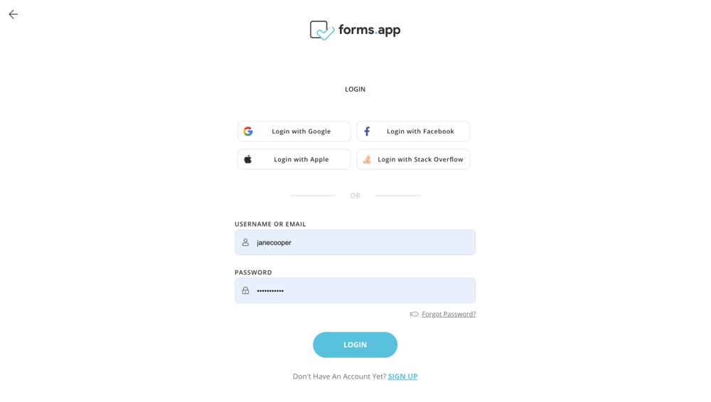 The sign-in page of forms.app