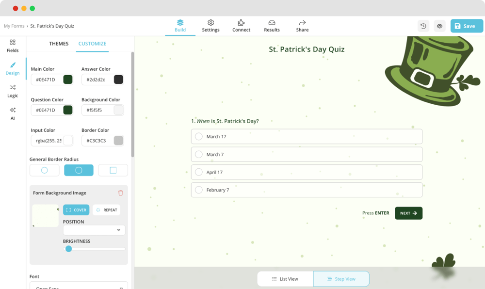 Customizing the design of your St. Patrick’s Day quiz