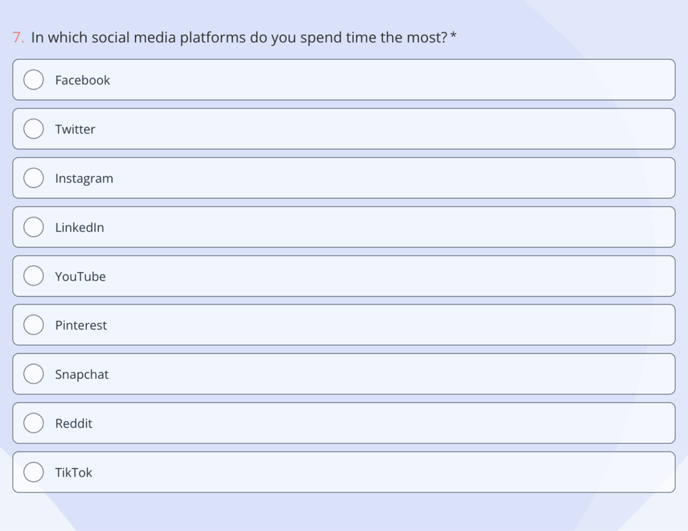 A market research survey question example about social media