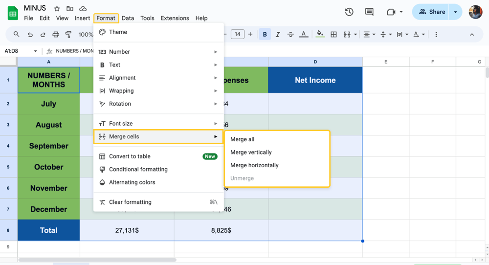 Zellen zusammenführen
