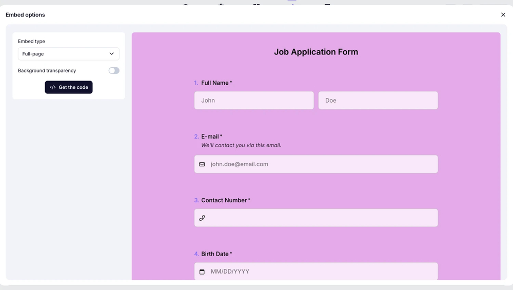 Choose the fullscreen embedding option