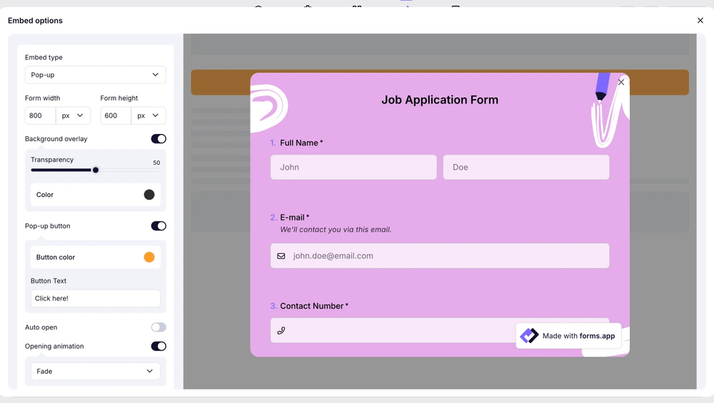Choose the pop-up embedding option