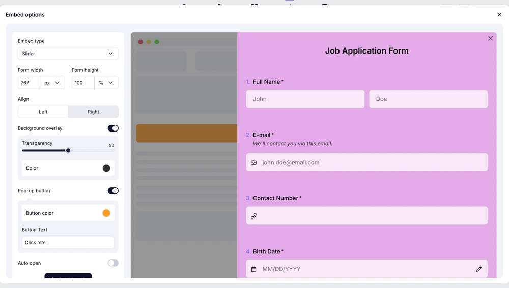 Choose the slider embedding option