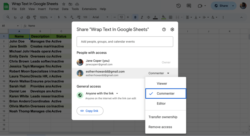 Commentateur dans Google Sheets