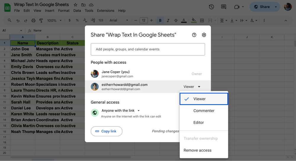Spectateur dans Google Sheets