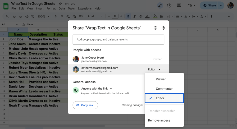 Éditeur dans Google Sheets
