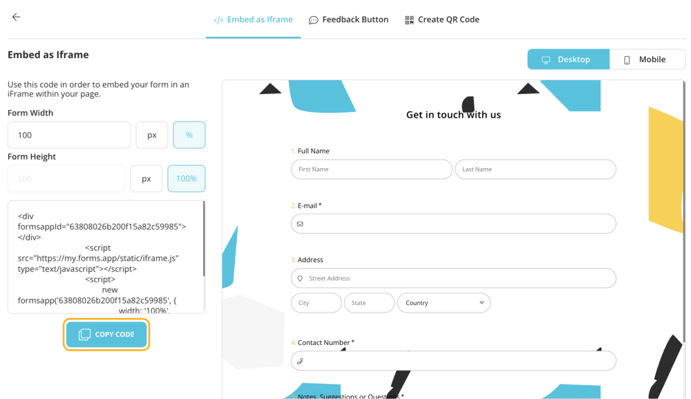 Copy the Iframe embed code