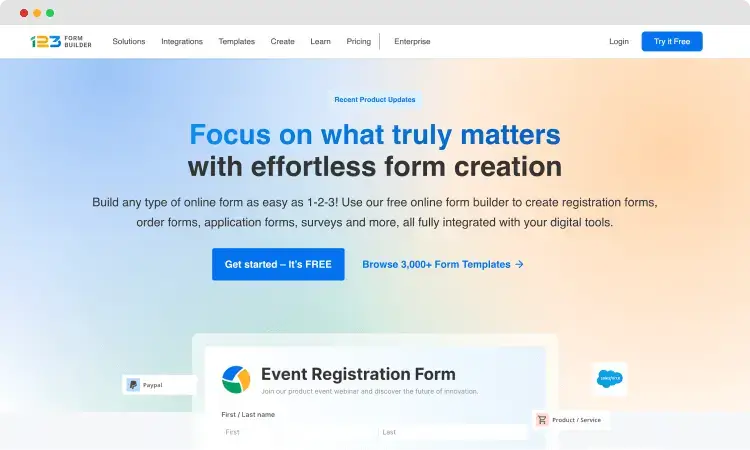 The home page of 123FormBuilder