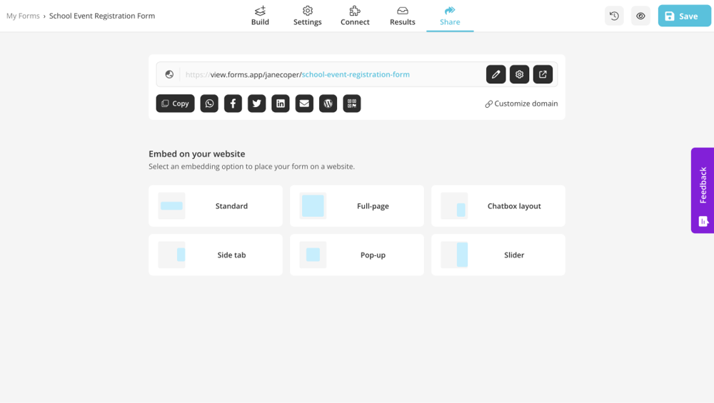 Share your form with various sharing options