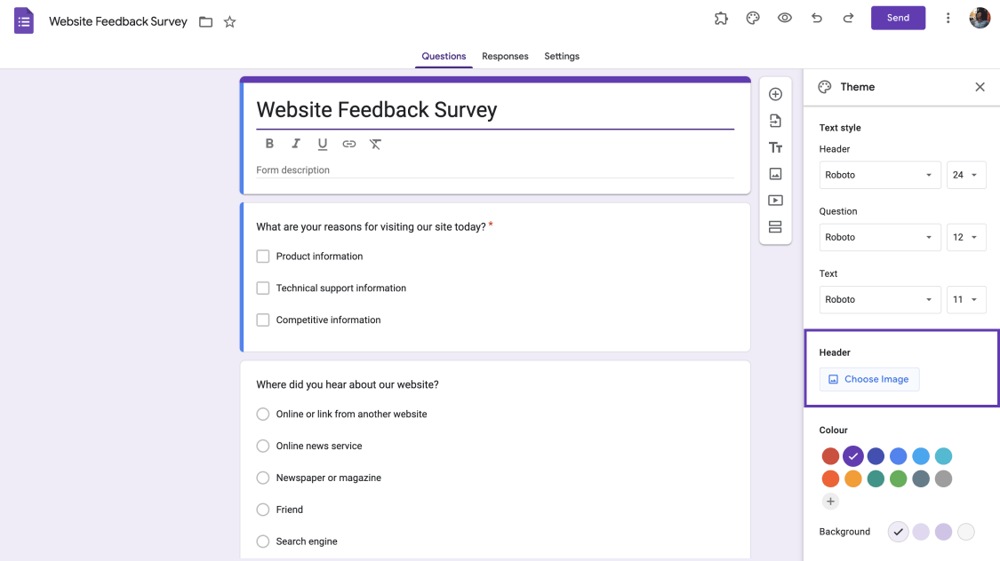 Ouvrir l'onglet en-tête