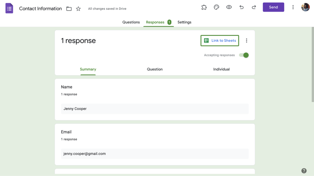 Enviar suas respostas para o Google Sheets