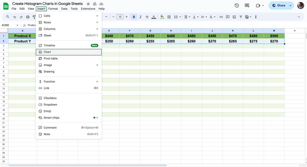 Haz clic en "Gráfico" para insertar un gráfico