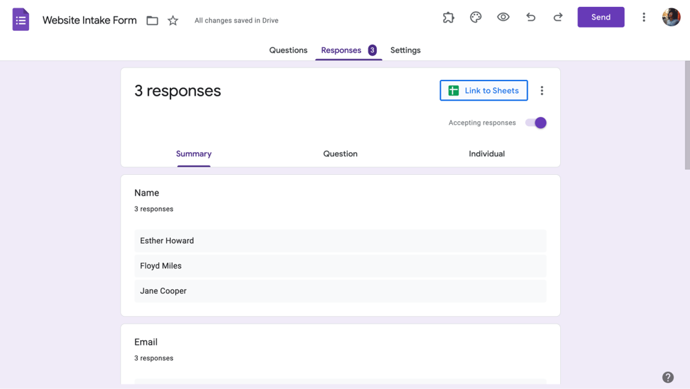 Link your intake form to Sheets