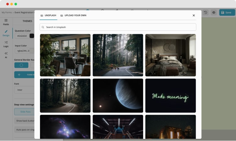 Unsplash'tan bir resim seçin veya kendi resminizi yükleyin