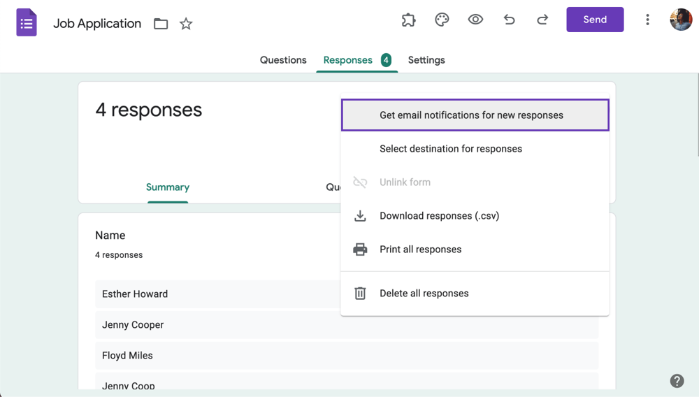 Get mail notifications for new responses