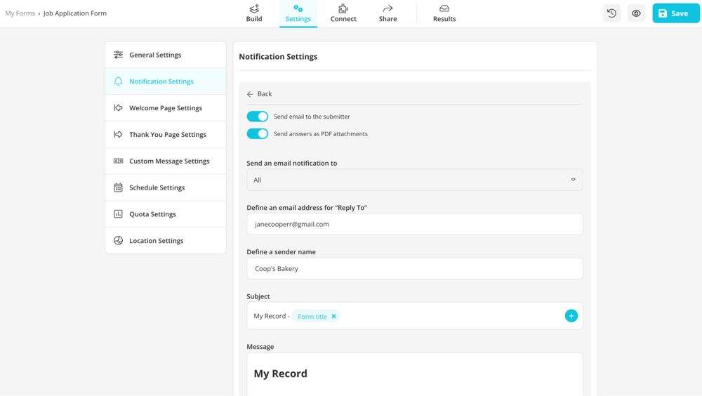 Customize the email notification settings