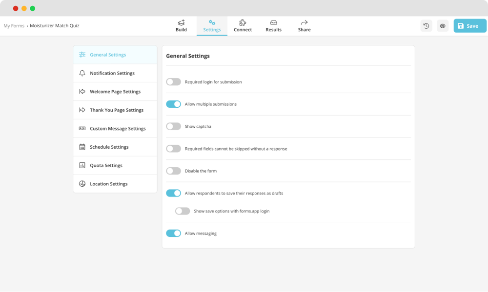 Adjusting settings your quiz