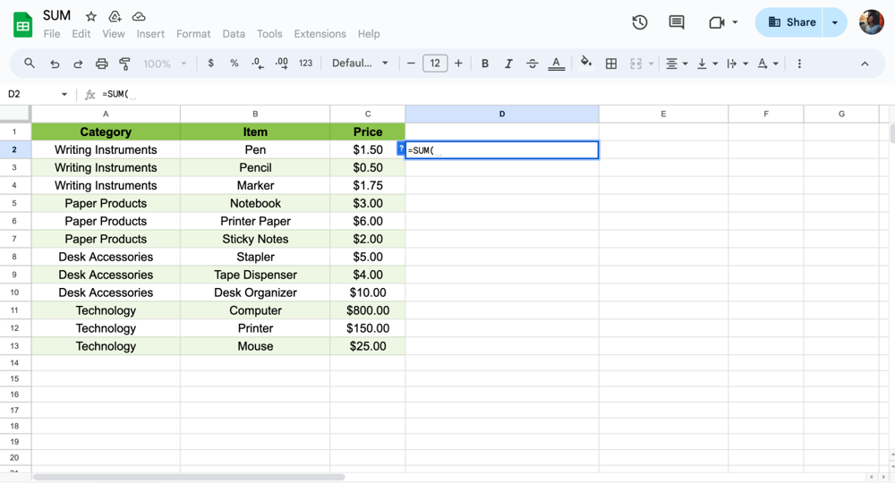 Commencez à taper la fonction