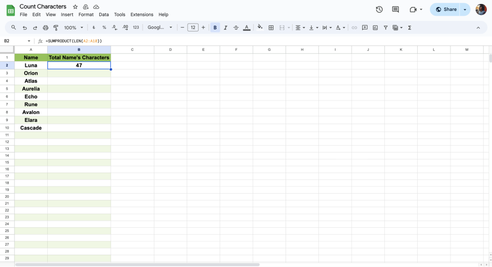 Contagem de células múltiplas no Google Sheets