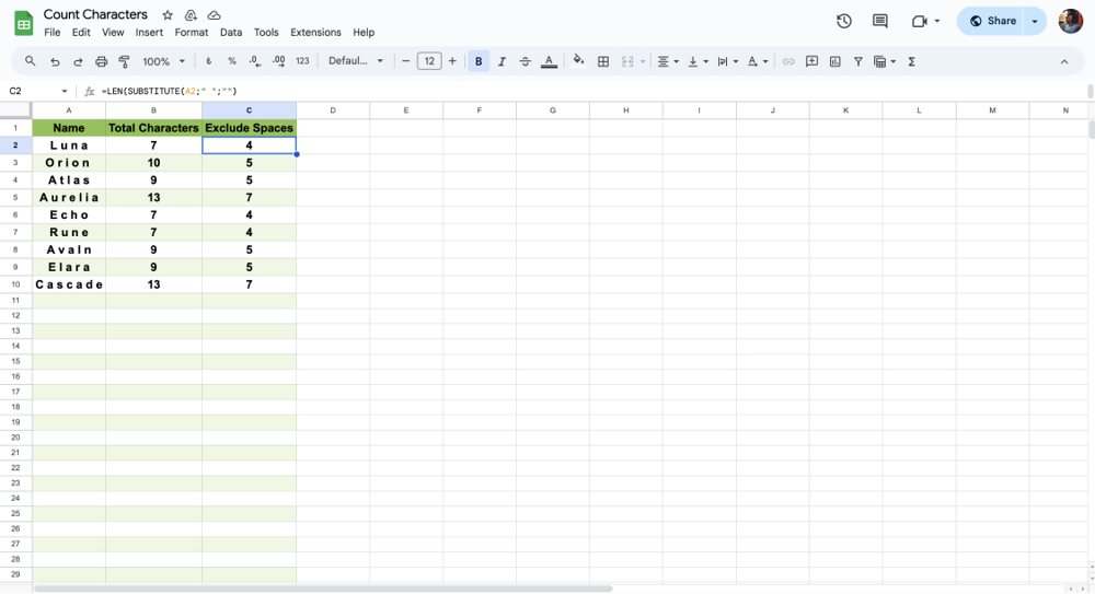 Contagem de exclusão de espaços no Google Sheets