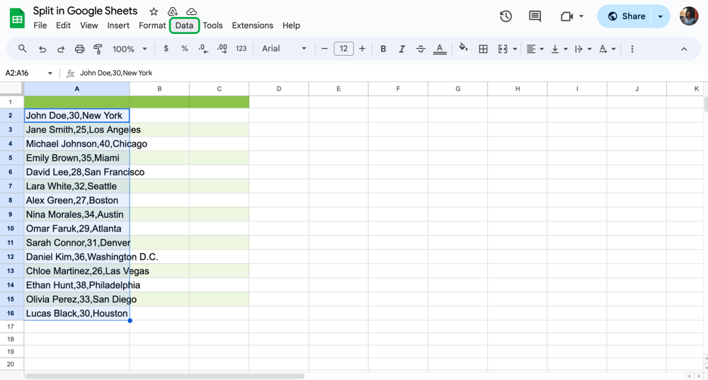 Vá para a guia Dados