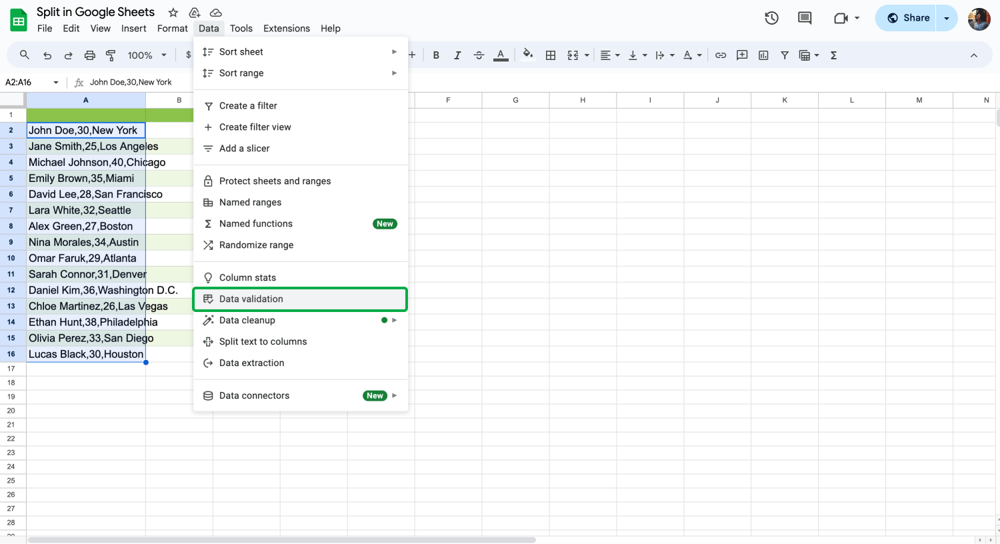 Escolha “Validação de dados”