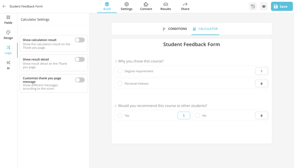 Add point values to answer options