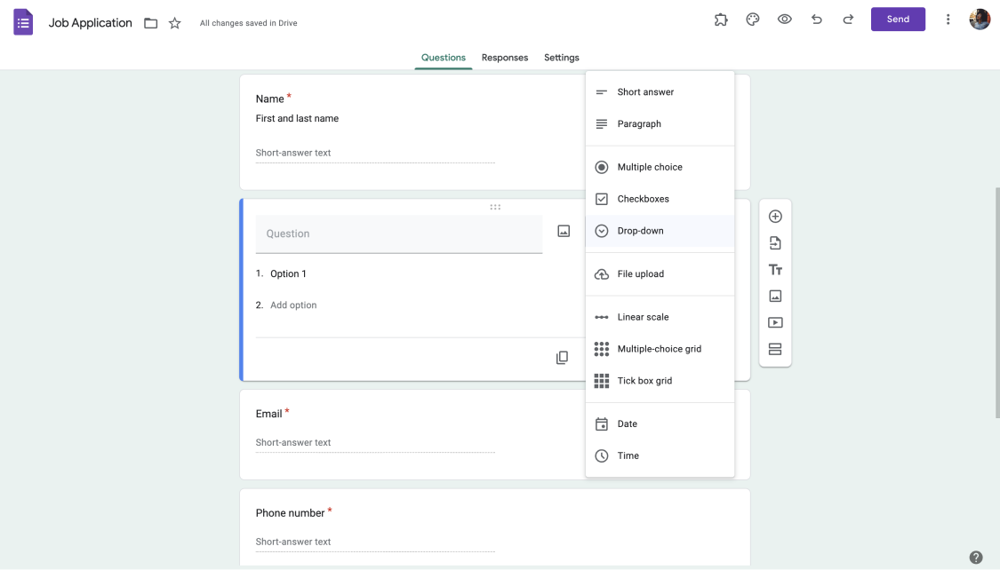 Add questions on your form