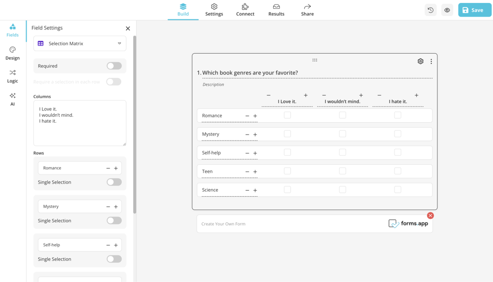 Selection Matrix field on forms.app