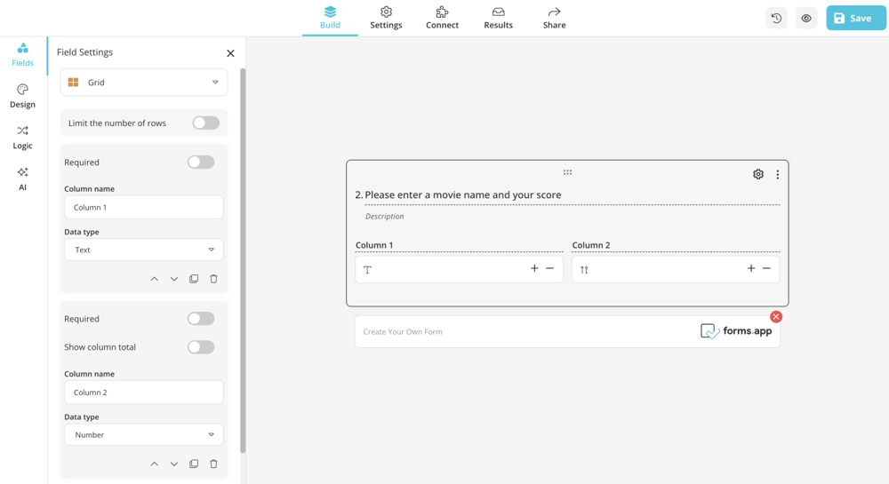 Grid field on forms.app