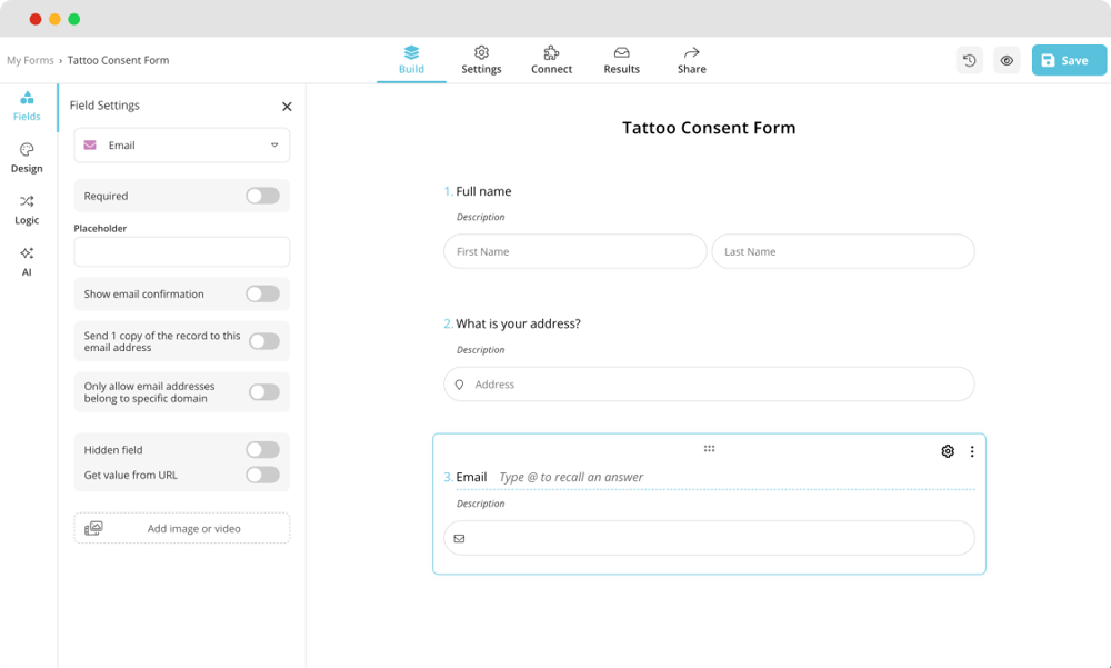 Adding questions and fields to your tattoo consent form