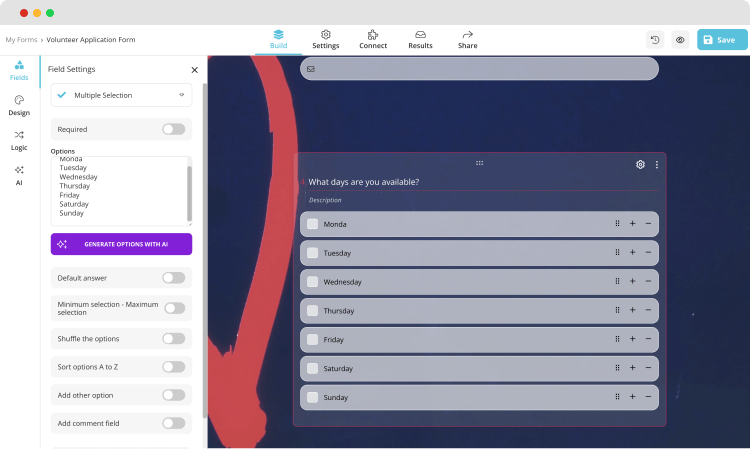 Adding questions and fields to your volunteer application form