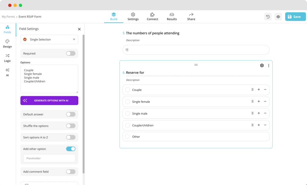 Adding your questions to a RSVP form